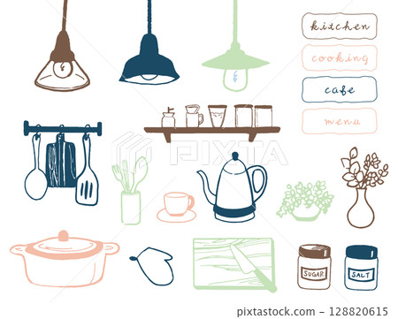 Simple cafe kitchen icon set 128820615
