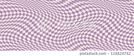 Wavy psychedelic checkerboard featuring retro grid patterns and groovy textures. Abstract Y2K checks with trippy color waves in vector design. 70s geometric illusions or distorted swirls for trendy 128820782