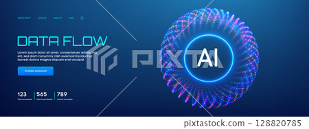 Abstract AI Data Background with Tech Pattern and Digital Line Network Flow. Futuristic 3D Vector Design for Business Concept or Big Data Analytics. Neural Geometric System with Cyber Speed Global. 128820785