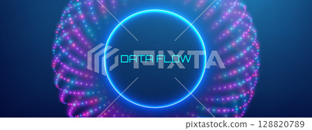 Abstract AI Data Flow Background with Tech Pattern and Digital Line Network. Futuristic 3D Vector Design for Business Concept or Cyber Security Analytics. Blue Circuit Wave Particle Transformation. 128820789
