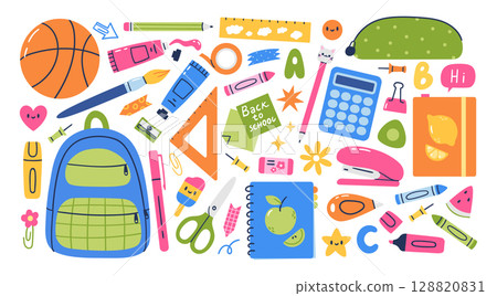 Set of various study school supplies. Back to school. Hand drawn vector illustration. 128820831