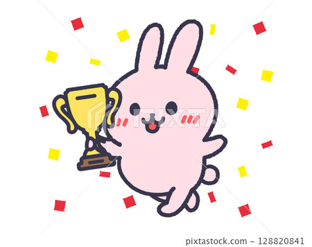 贏得乒乓球比賽的兔子插圖（彩色線畫） 128820841