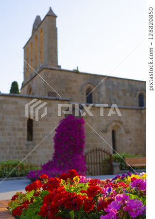 Photo of the Bella Pais Monastery and colorful flowers in the Turkish Republic of Northern Cyprus Photo of the Bella Pais Monastery and colorful flowers in the Turkish Republic of Northern Cyprus 128820850
