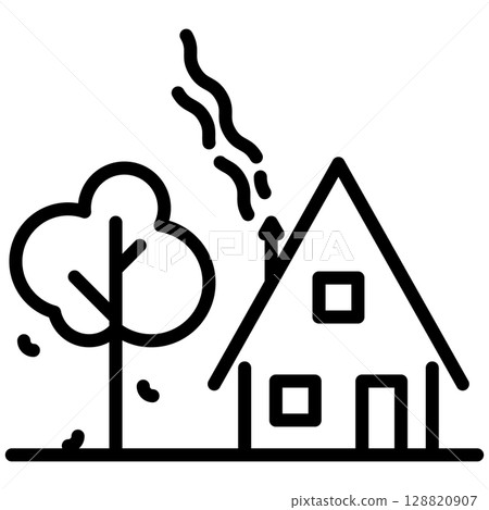 Autumn House with Smoke and Tree Line Icon Autumn House with Smoke and Tree Line Icon 128820907