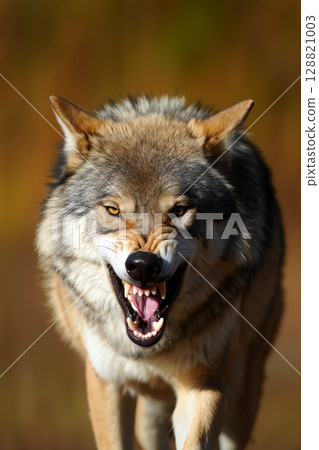 Fierce Wolf Prowls Through Golden Grasslands in Late Afternoon Light Showcasing Powerful Presence 128821003