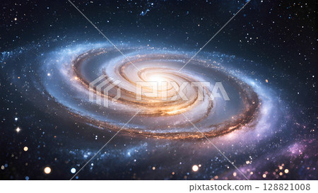 A spiral galaxy with a bright core and swirling arms is located in the center of the image, surrounded by a vast expanse of dark space filled with stars and nebulae. 128821008