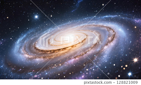 A spiral galaxy with a bright core and swirling arms is located in the center of the image, surrounded by a vast expanse of dark space filled with stars and nebulae. 128821009