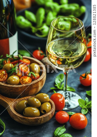 Green olives and cherry tomatoes beside a glass of white wine, arranged on a rustic table for a Mediterranean appetizer or summer dinner concept. 128821385