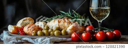Close-up of bread, tomatoes, herbs, and a glass of white wine under moody lighting, perfect for restaurant ads, dinner menus, or promo banners. 128821390