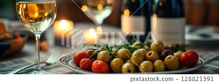 Rustic table set with wine, tomatoes, and olives in candlelight, evoking a cozy atmosphere for romantic dinner, party, or evening events. 128821391