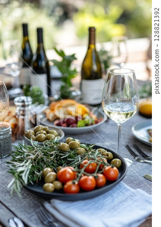 Mediterranean platter with olives, herbs, white wine, and sunlit glassware, ideal for healthy eating, hospitality, or dining invitations. 128821392
