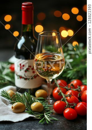 Red wine bottle and glass with olives, rosemary, and tomatoes on dark wood, suitable for cozy restaurant scenes or holiday celebrations. 128821393