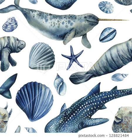 Seamless watercolor pattern with narwhal manatee whale shark blue seashells and marine animals arctic ocean theme 128821484