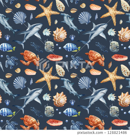 Watercolor seamless pattern with sharks sea turtles tropical fish shells starfish and marine ocean animals on white Watercolor seamless pattern with sharks sea turtles tropical fish shells starfish and marine ocean animals on white 128821486