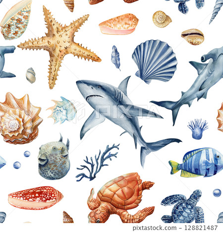 Watercolor seamless pattern with sharks sea turtles tropical fish shells starfish and marine ocean animals on white 128821487