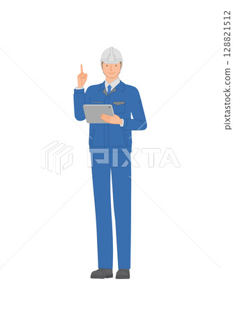Business image: Smiling young man in work clothes and helmet: tablet and pointing 128821512