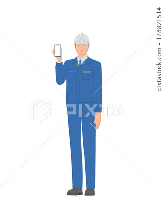 Business image: Smiling young man wearing work clothes and a helmet: holding a smartphone 128821514