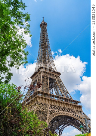 Eiffel Tower Ascending A Majestic View Framed by Lush Greenery and a Bright Parisian Sky 128821549