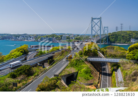 View of Kanmon Bridge and Mekari Park, Fukuoka Prefecture 128821610