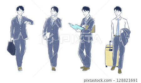 Full body illustration set of a man wearing a business suit 128821691