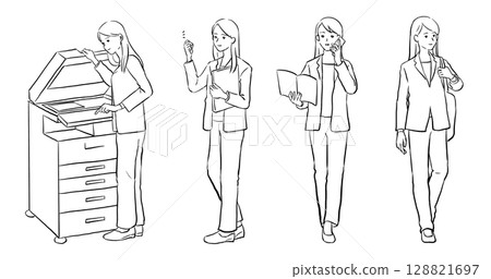 Full body illustration set of a woman wearing a business suit 128821697