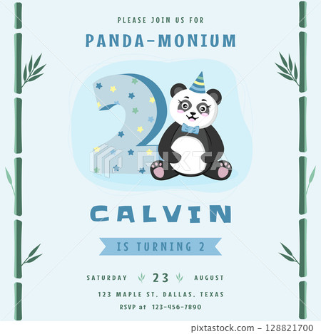 Birthday invitation for boy 2 year with panda. For Kids Birthday Party invitation, greeting card, poster, event, prints  128821700