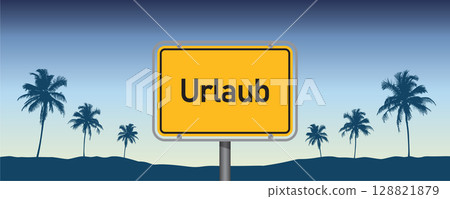 german text vacation on yellow sign on blue sky background with palm leaves vector illustration 128821879