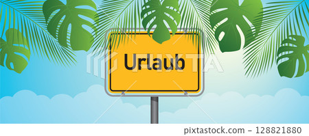 german text vacation on yellow sign on blue sky background with palm leaves vector illustration 128821880