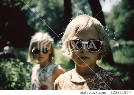 Girl with sunglasses in summer park 128821904