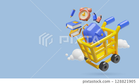 3D School bag and supplies in a shopping cart with on blue background 128821905