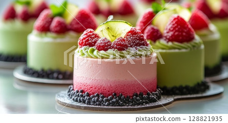 Mini mousse cakes with red and green layers, topped with strawberries and mint, perfect for festive tables and food blogs. 128821935