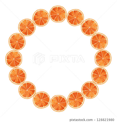 Round wreath of juicy orange slice in hand drawn watercolor style. A bright and vibrant circular frame perfect for summer themed card, template, food presentation, and tropical holiday designs. Round wreath of juicy orange slice in hand drawn watercolor style. A bright and vibrant circular frame perfect for summer themed card, template, food presentation, and tropical holiday designs. 128821980