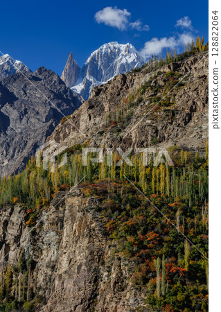 Lady finger and Hunza peak mountains with snow capped.in the autumn scenery, Karakoram range. Hunza valley, Pakistan 128822064