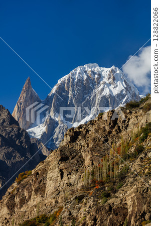Lady finger and Hunza peak mountains with snow capped.in the autumn scenery, Karakoram range. Hunza valley, Pakistan 128822066