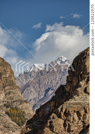 Lady finger and Hunza peak mountains with snow capped.in the autumn scenery, Karakoram range. Hunza valley, Pakistan Lady finger and Hunza peak mountains with snow capped.in the autumn scenery, Karakoram range. Hunza valley, Pakistan 128822070
