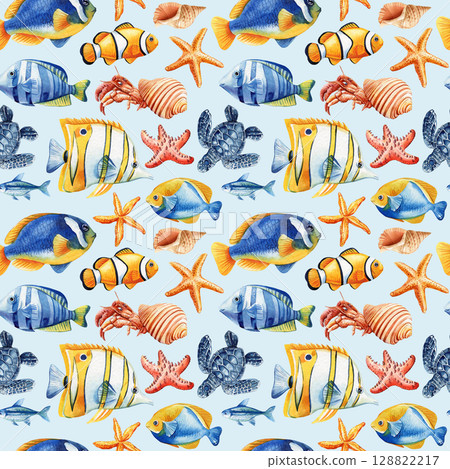 Colorful watercolor seamless pattern with tropical fish sea turtles hermit crab starfish and shells ocean marine theme Colorful watercolor seamless pattern with tropical fish sea turtles hermit crab starfish and shells ocean marine theme 128822217