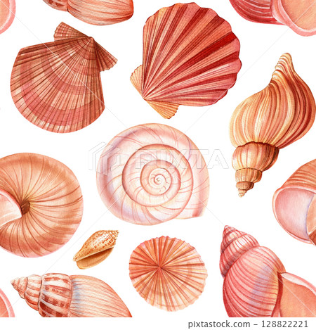 Seamless watercolor pattern with pink orange seashells spiral conch scallop shells in pastel beach tones hand painted 128822221