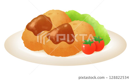 Illustration of croquettes with sauce, salad and tomatoes Illustration of croquettes with sauce, salad and tomatoes 128822534