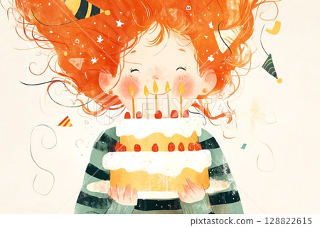 Whimsical illustration of a joyful child with fiery hair celebrating a birthday, candles aglow on a delicious cake 128822615