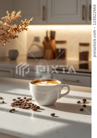 Elegant cup of coffee with aromatic beans on a modern kitchen counter, bright morning sunlight and soft shadows for lifestyle or food imagery. 128822668