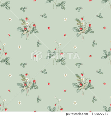 Botanical, kids style seamless pattern with wild strawberry flowers and berries on a white background. Background for children's room decor, wallpaper. Hand drawn illustration woodland strawberries. 128822717