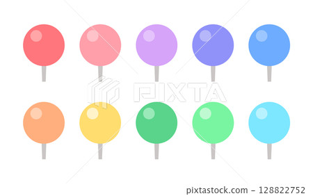 Pastel colored round push pins, thumb tacks, and pins icon set - cute illustrations of marks and markers 128822752