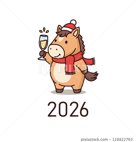 A cute cartoon horse making a New Year's toast with a glass of champagne. Symbol of 2026, the Year of the Horse. Festive vector illustration for a holiday party invitation or a corporate celebration 128822763