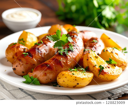 Grilled Sausage and roasted potatoes with Parsley 128823009