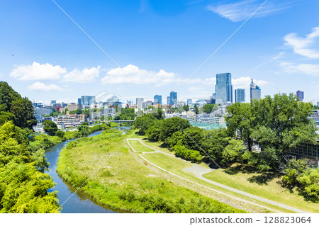 Panoramic view of Sendai city in early summer 128823064