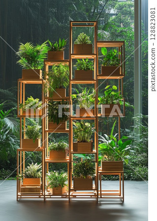 A wooden shelving system with a variety of lush indoor plants arranged as a contemporary divider is ideal for eco-friendly interiors or trendy green spaces. 128823081