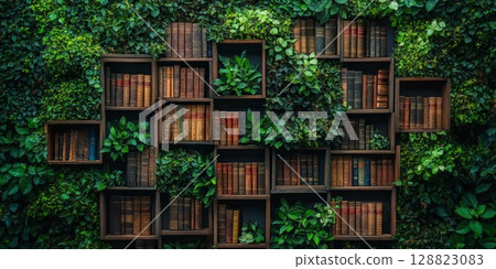 Square shelving filled with books and abundant plants, forming a living wall feature ideal for nature-inspired interiors or creative workspace design. 128823083