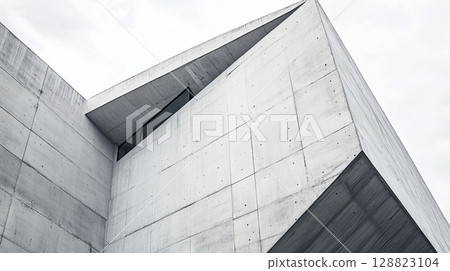 A modern concrete and steel building with dramatic geometric lines and a minimalist exterior. . 128823104