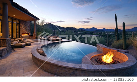 A glamorous pool with built-in lighting and a stone fire pit surrounded by comfortable lounge seating . 128823106
