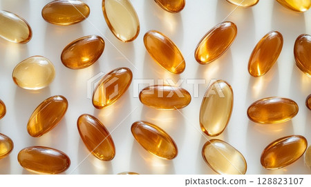 Close-up of multivitamin tablets and soft-gel capsules arranged neatly on a white background, with light reflecting off the surface . 128823107